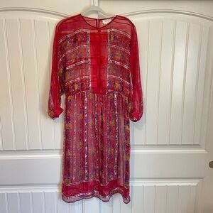 vintage The Silk Farm 100% silk sheer red floral midi long sleeve dress size 8